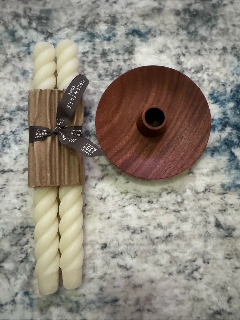 Cream Twisted Taper Candles with Wood Candle Holder